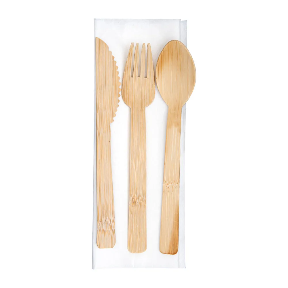 100 Rectangle Natural 8" Bamboo Plates and 100 Natural Bamboo Disposable Flatware Sets