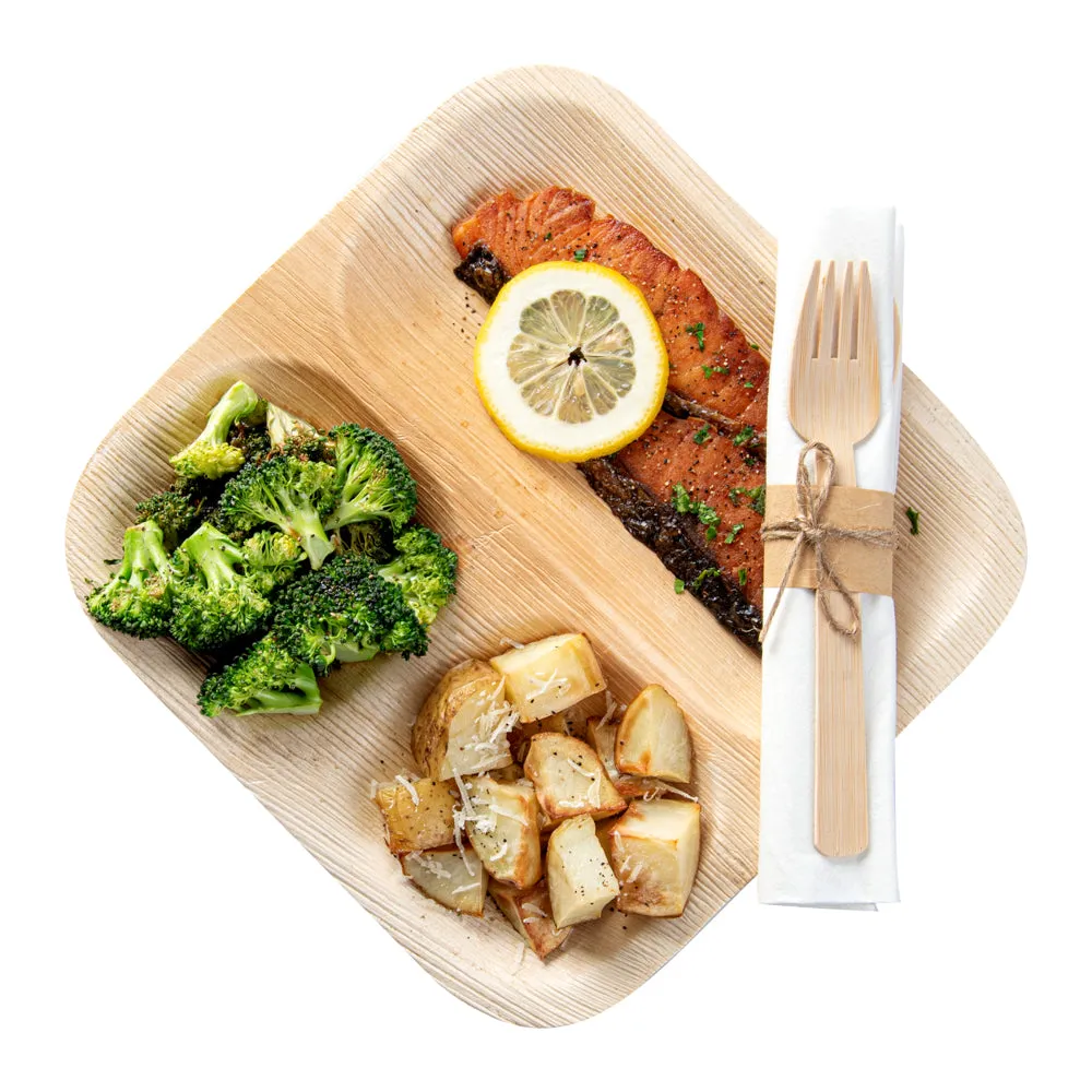 100 Rectangle Natural 8" Bamboo Plates and 100 Natural Bamboo Disposable Flatware Sets