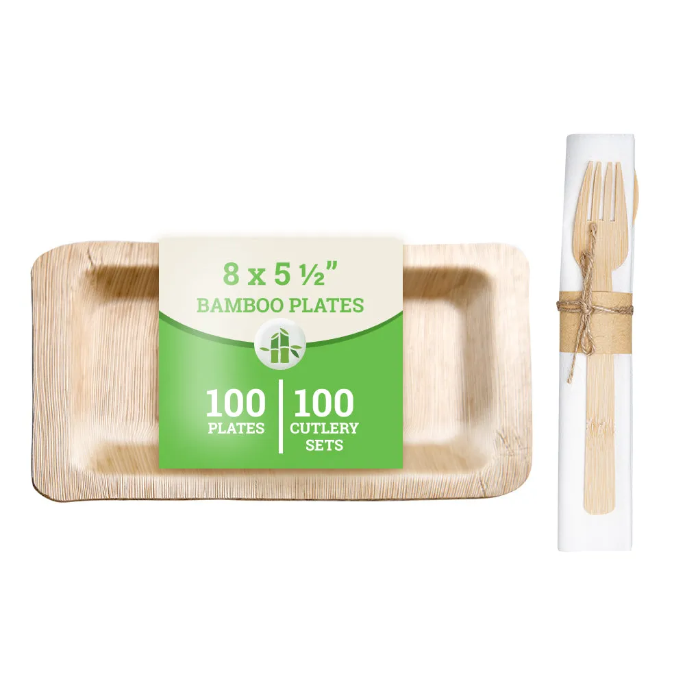 100 Rectangle Natural 8" Bamboo Plates and 100 Natural Bamboo Disposable Flatware Sets
