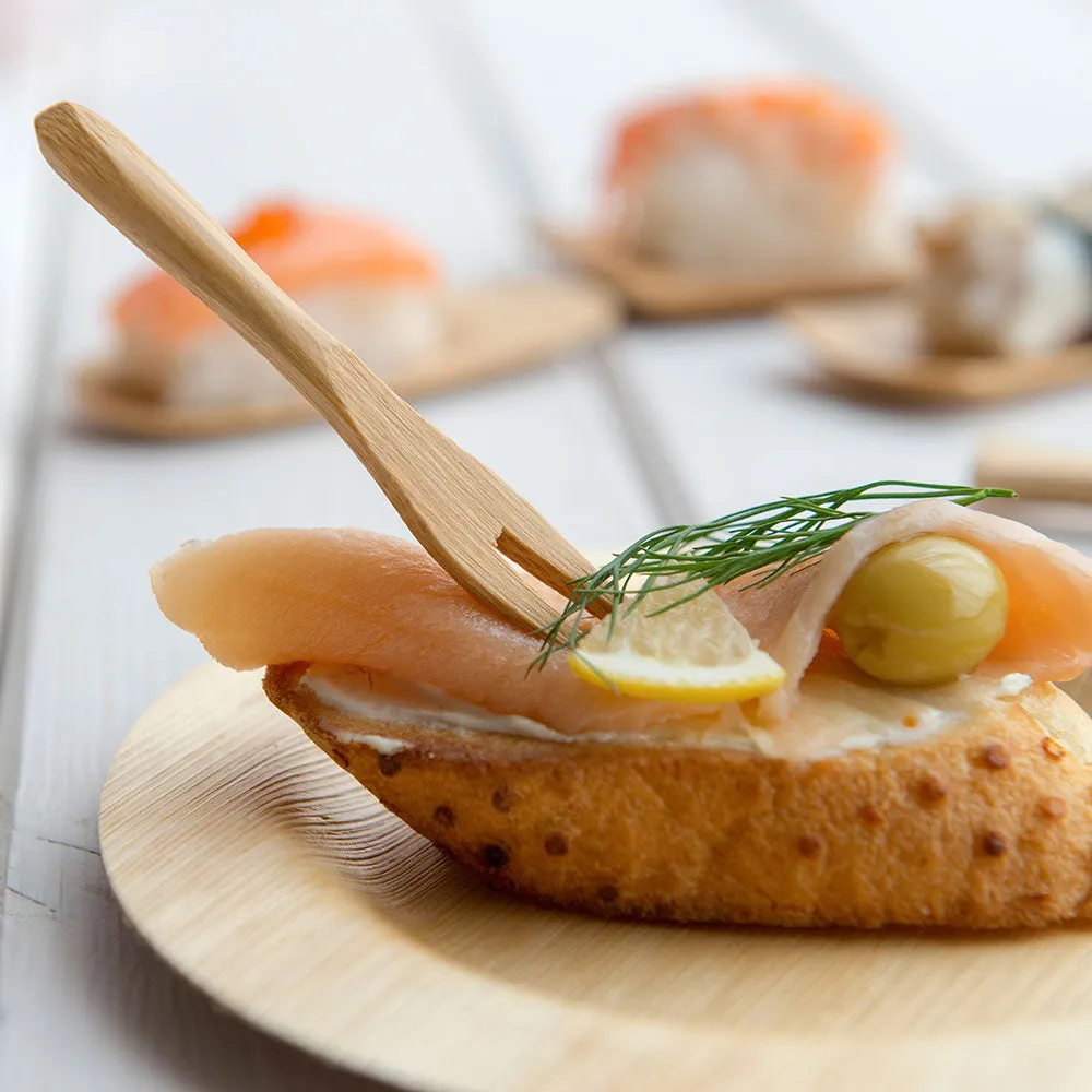 100 Round Natural 3.5" Bamboo Small Plates and 100 Natural Bamboo 3.5" Mini Forks