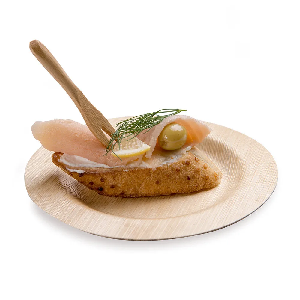 100 Round Natural 3.5" Bamboo Small Plates and 100 Natural Bamboo 3.5" Mini Forks