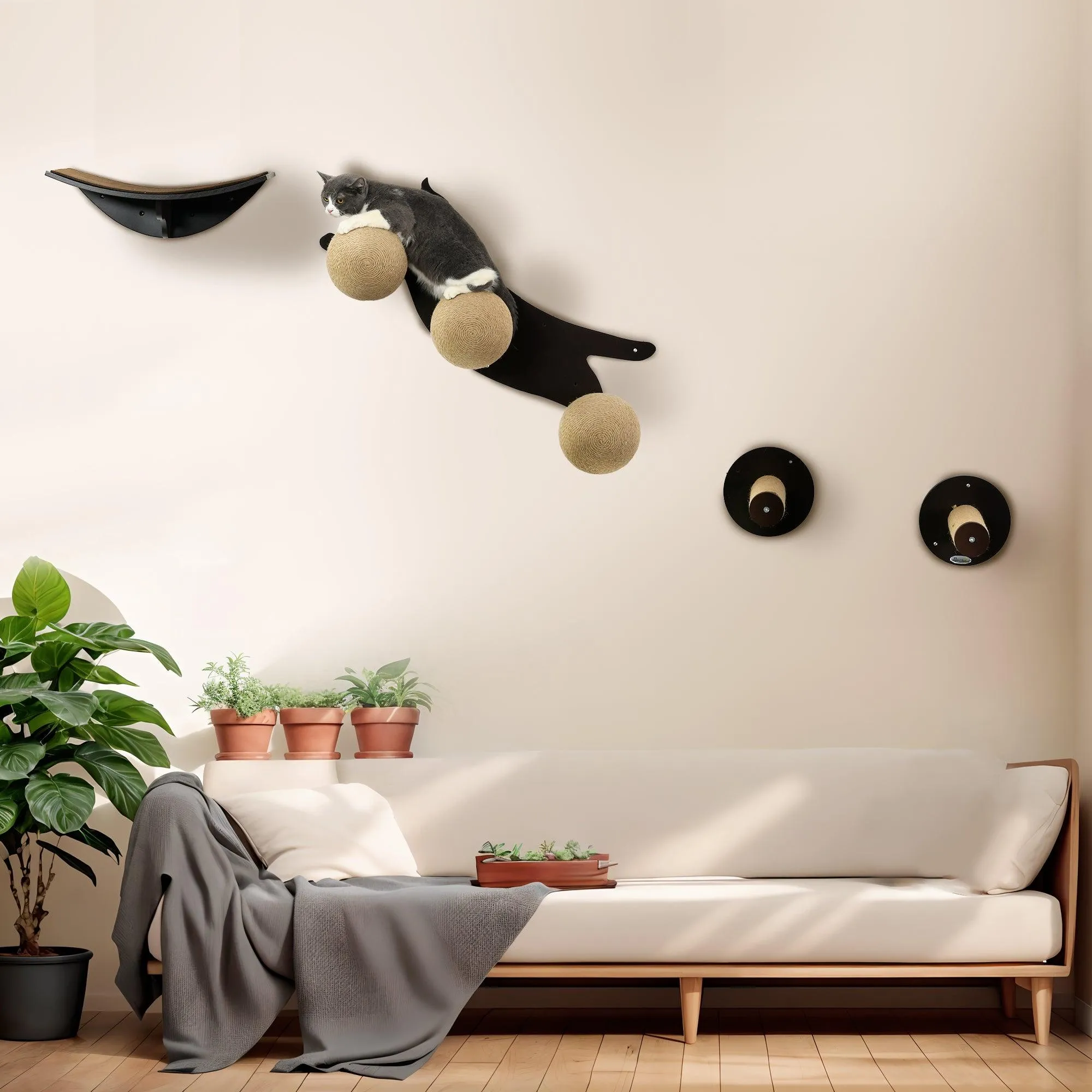 4-Piece Wall Mounted Cat Shelves, Cat-shaped Platform - Tawny Brown