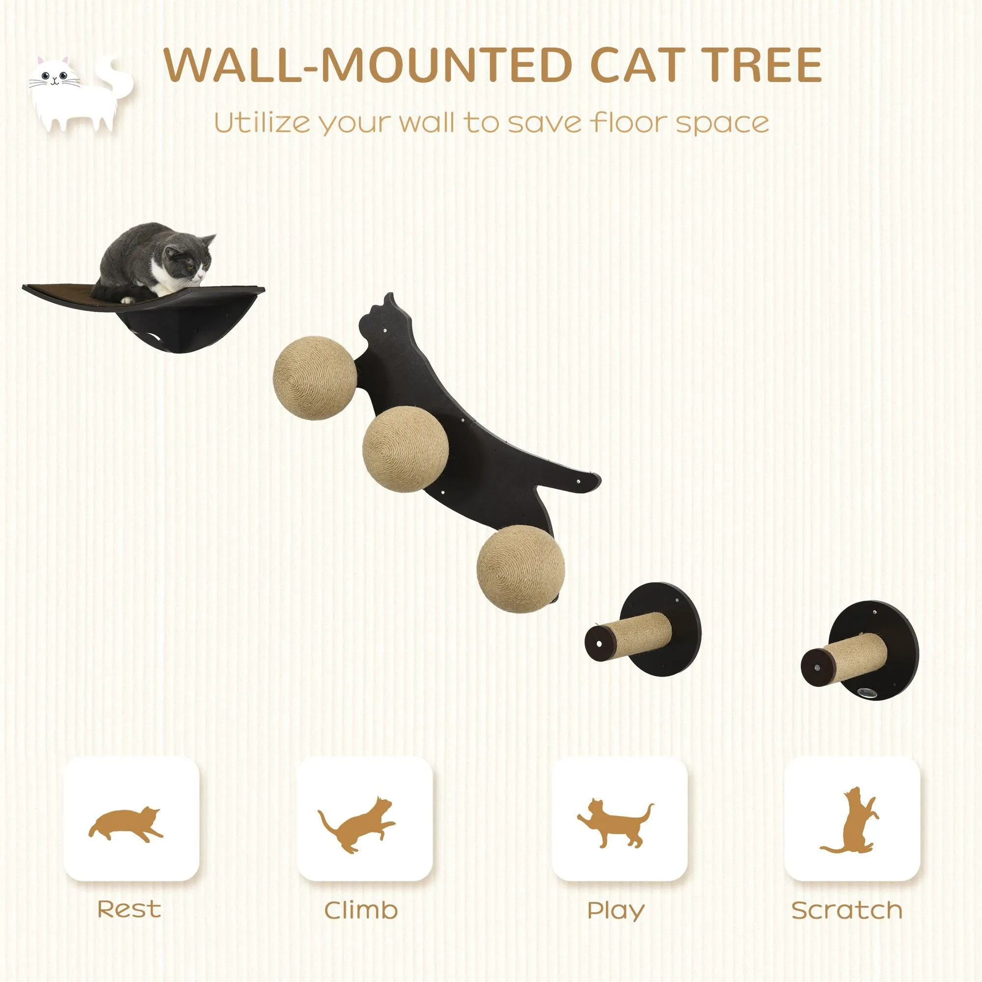 4-Piece Wall Mounted Cat Shelves, Cat-shaped Platform - Tawny Brown