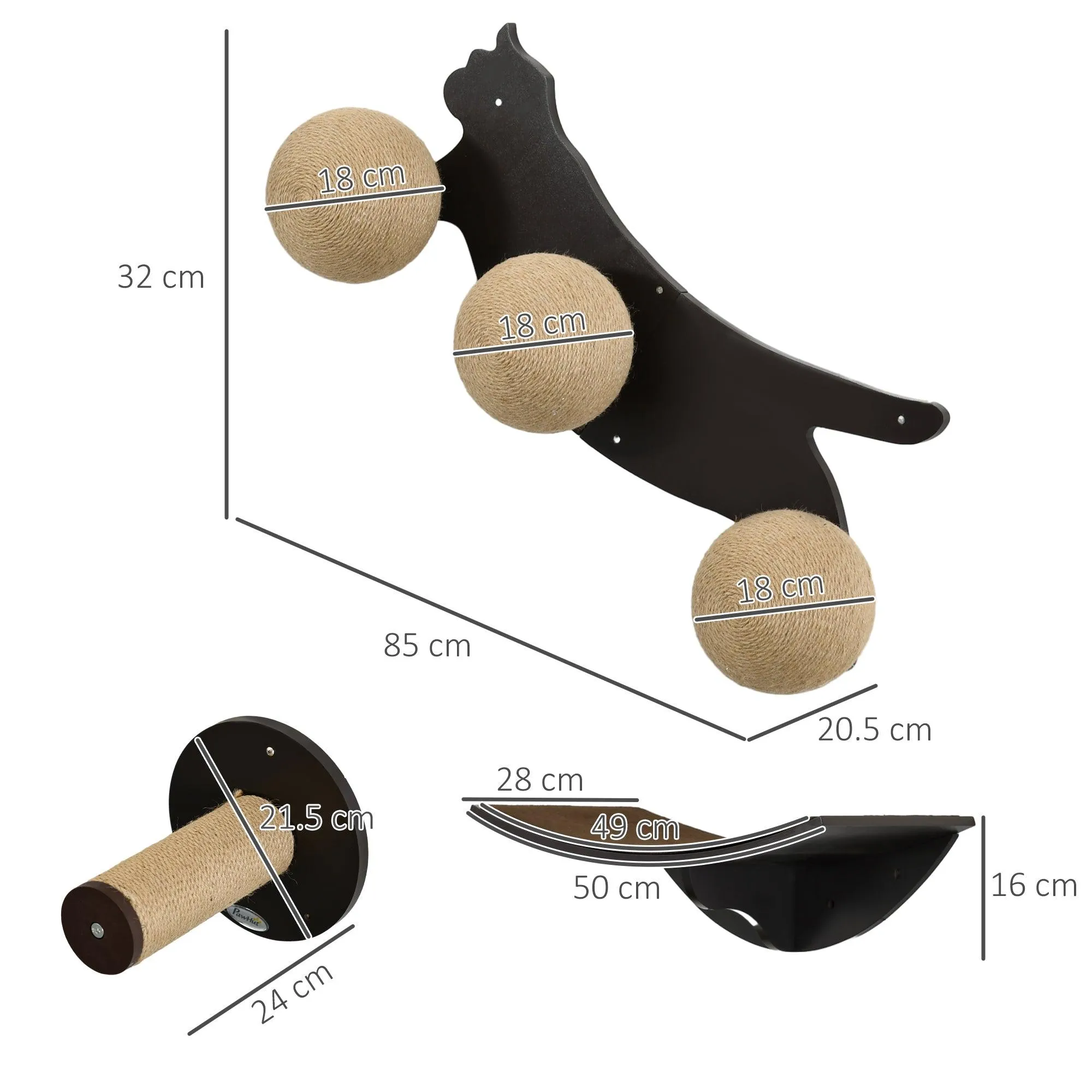 4-Piece Wall Mounted Cat Shelves, Cat-shaped Platform - Tawny Brown