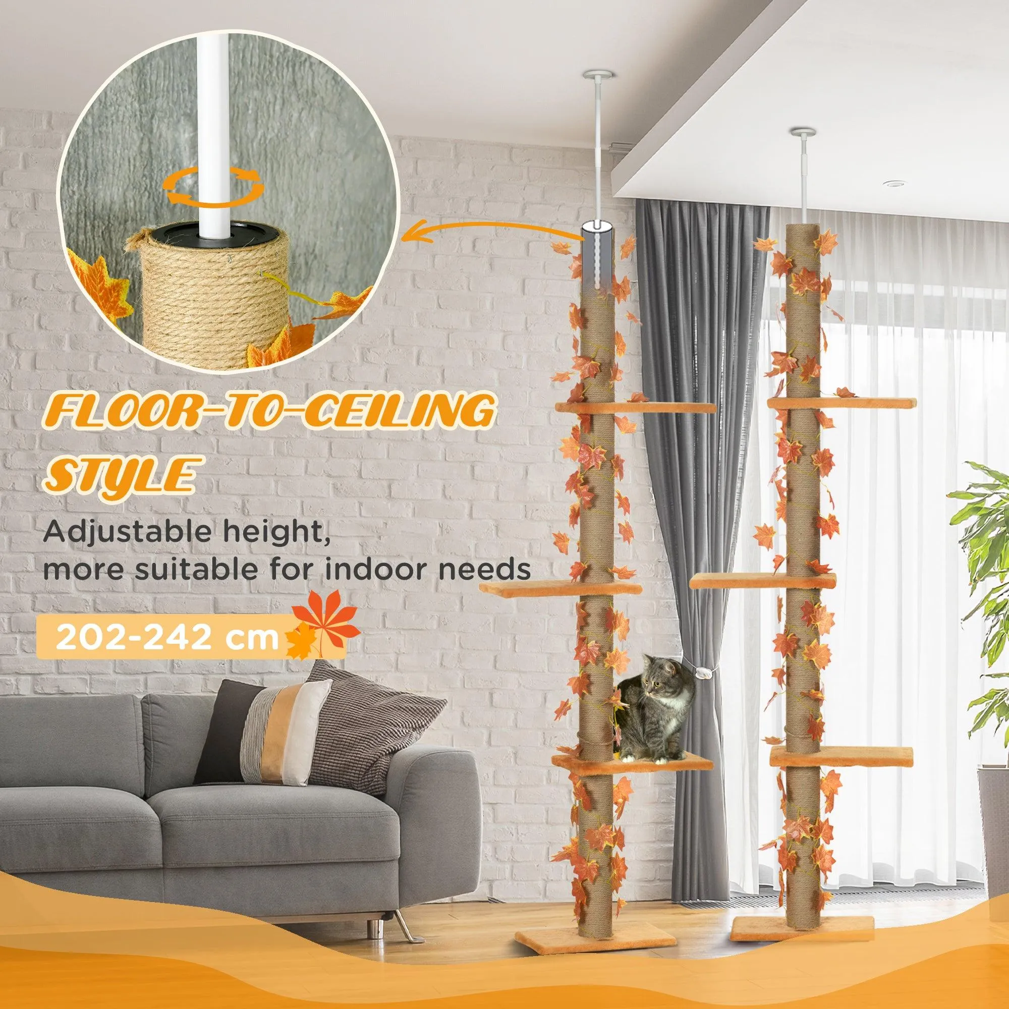 Adjustable Height Floor to Ceiling Cat Tree with Sisal Scratching Post