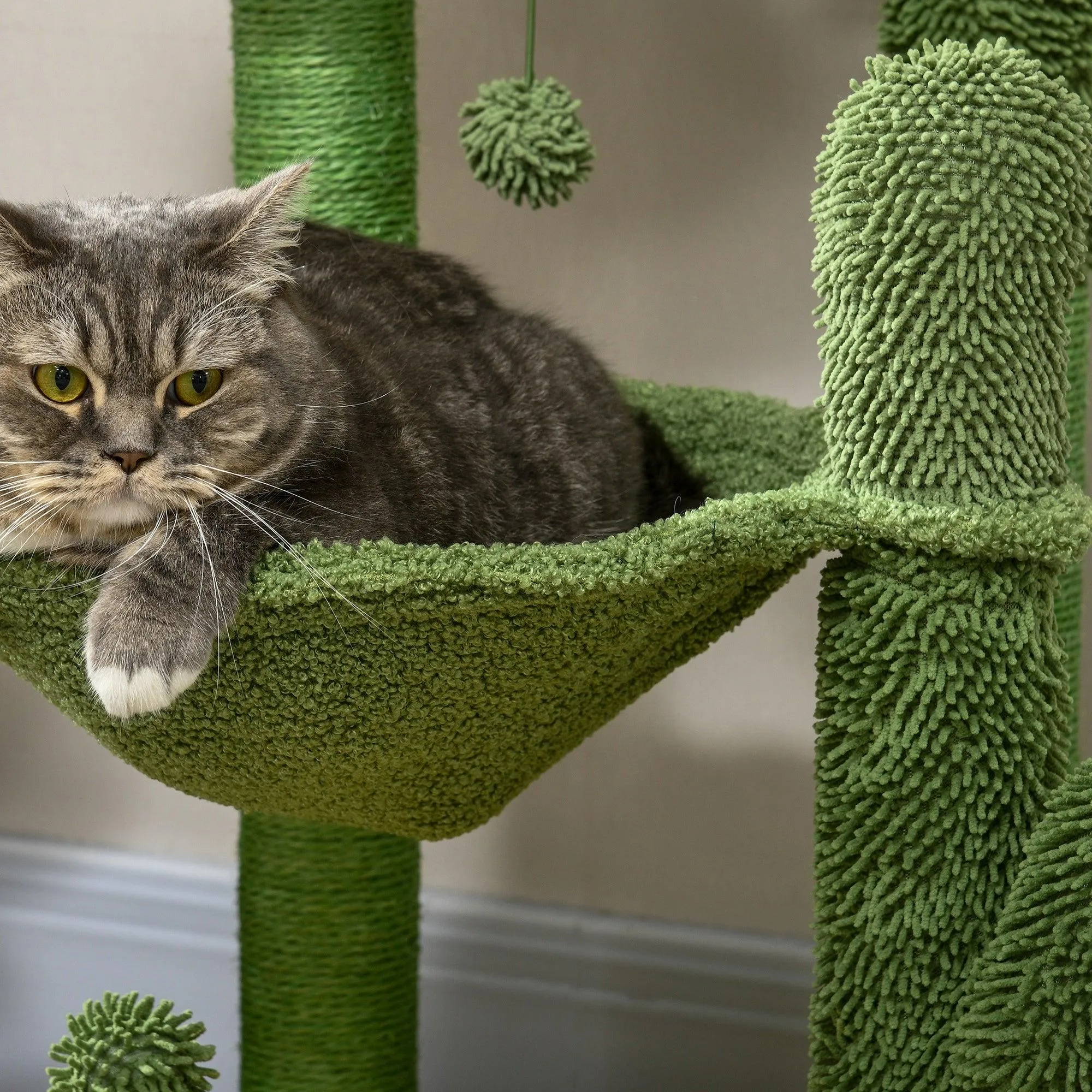 Cactus Cat Tree with Scratching Post, Hammock, 82cm - Green
