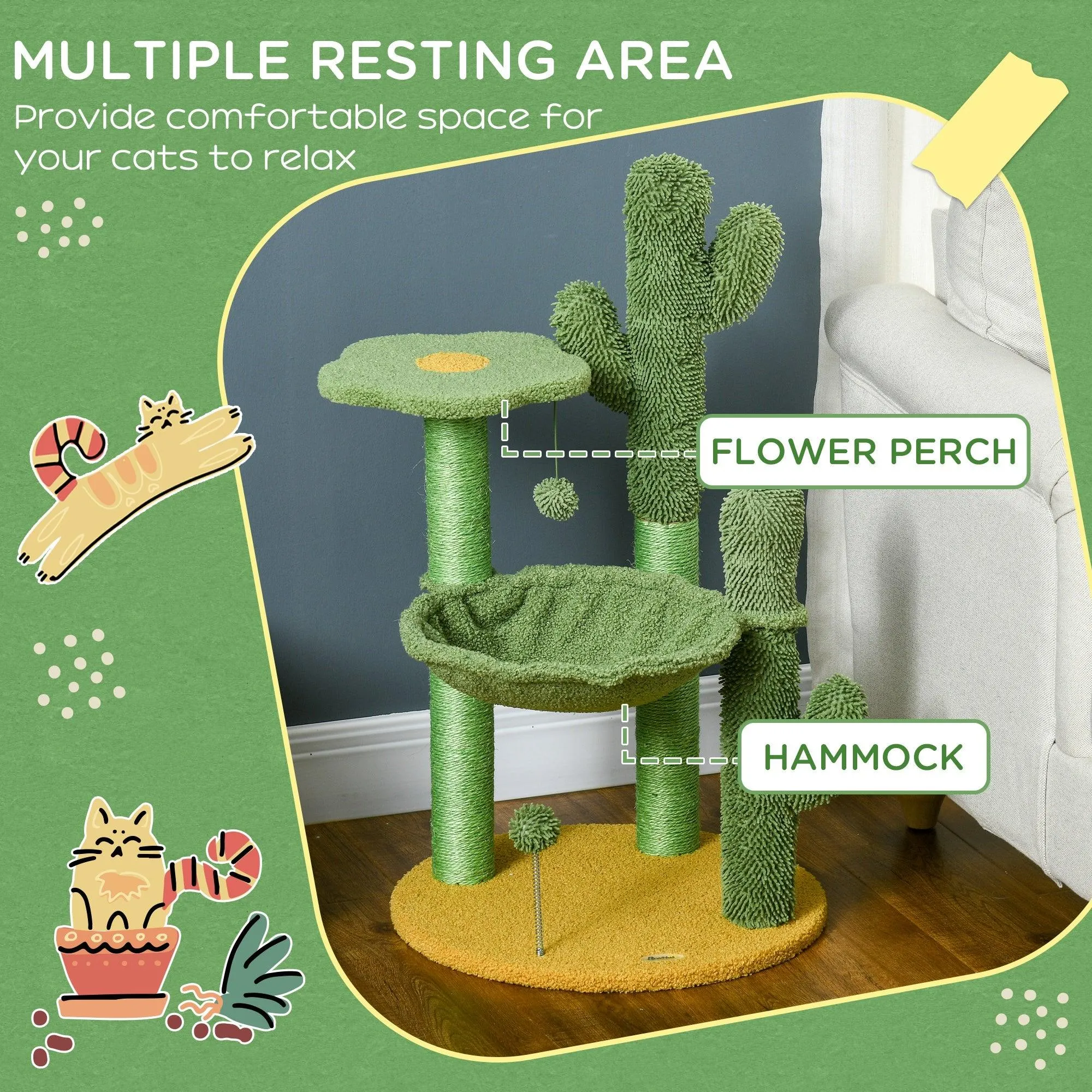 Cactus Cat Tree with Scratching Post, Hammock, 82cm - Green