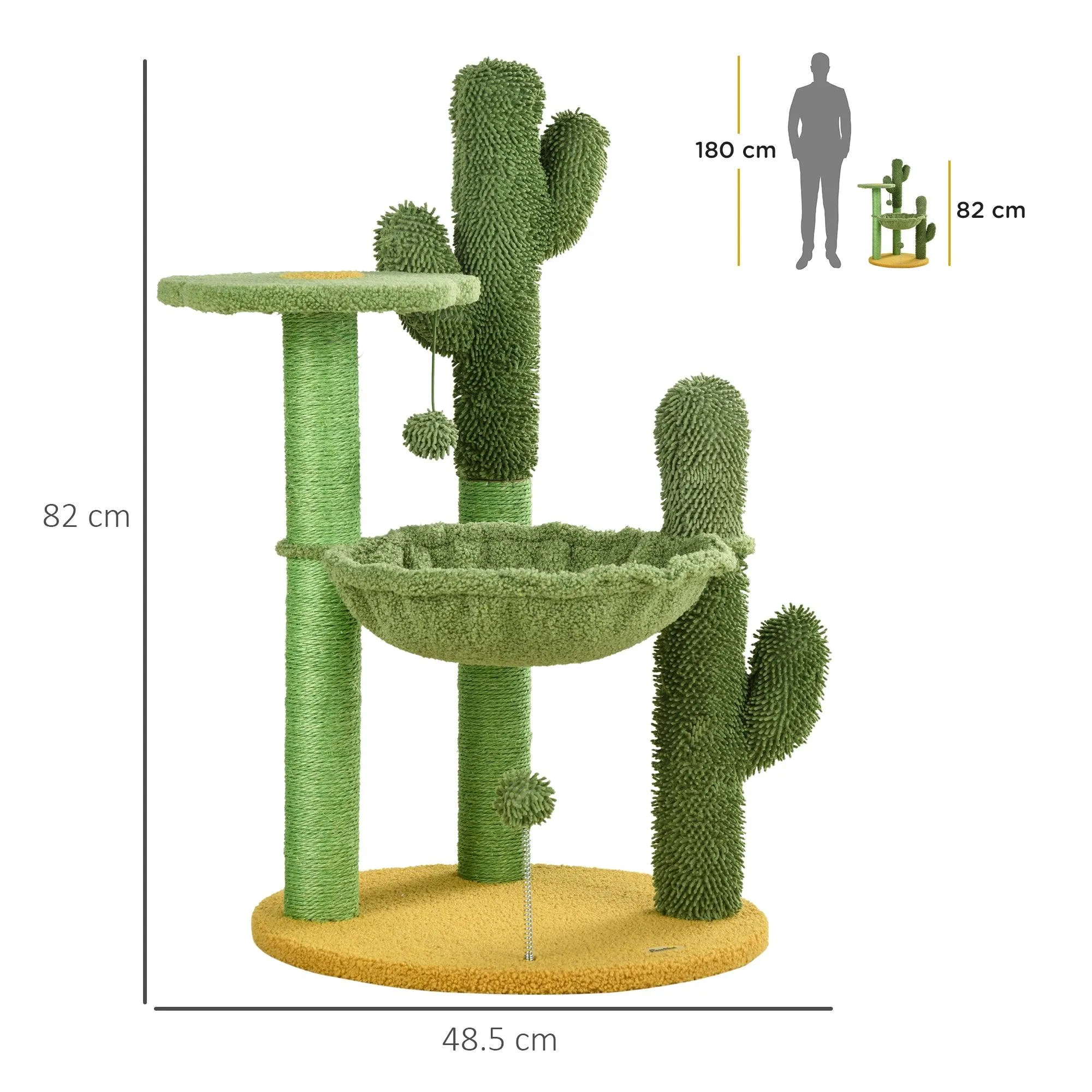 Cactus Cat Tree with Scratching Post, Hammock, 82cm - Green