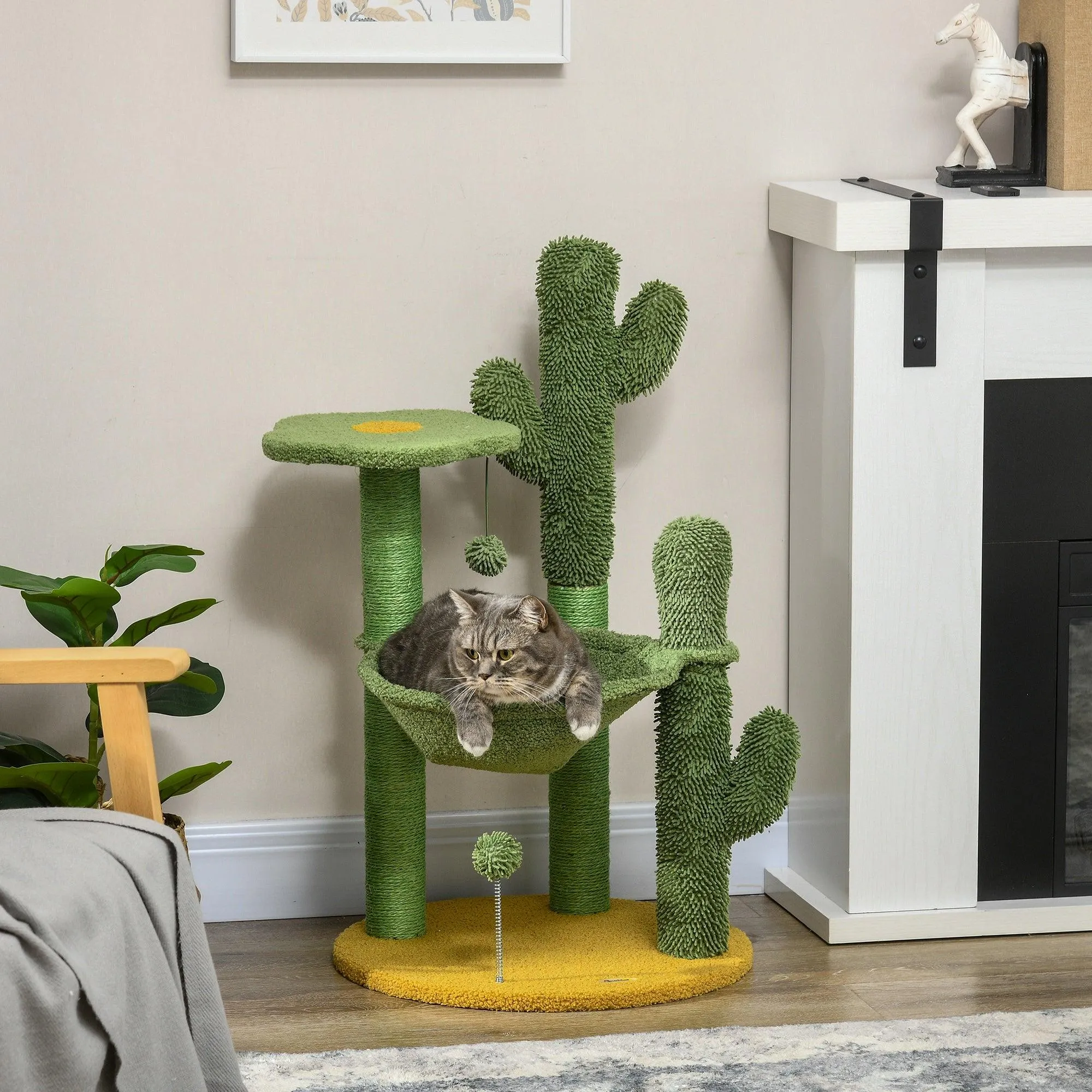 Cactus Cat Tree with Scratching Post, Hammock, 82cm - Green