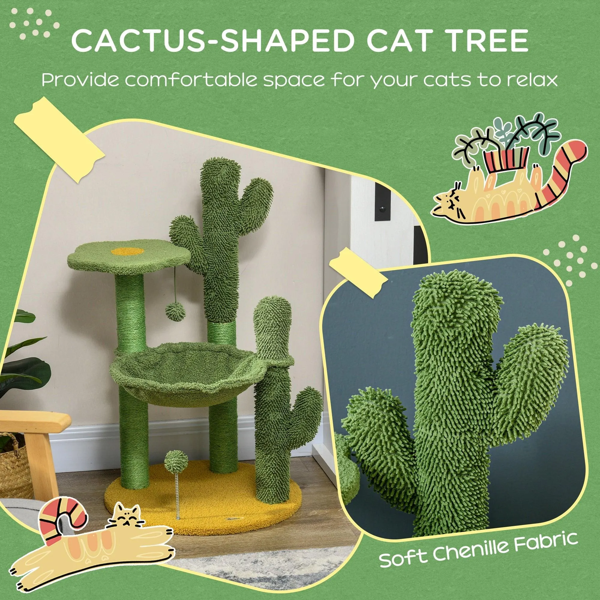 Cactus Cat Tree with Scratching Post, Hammock, 82cm - Green