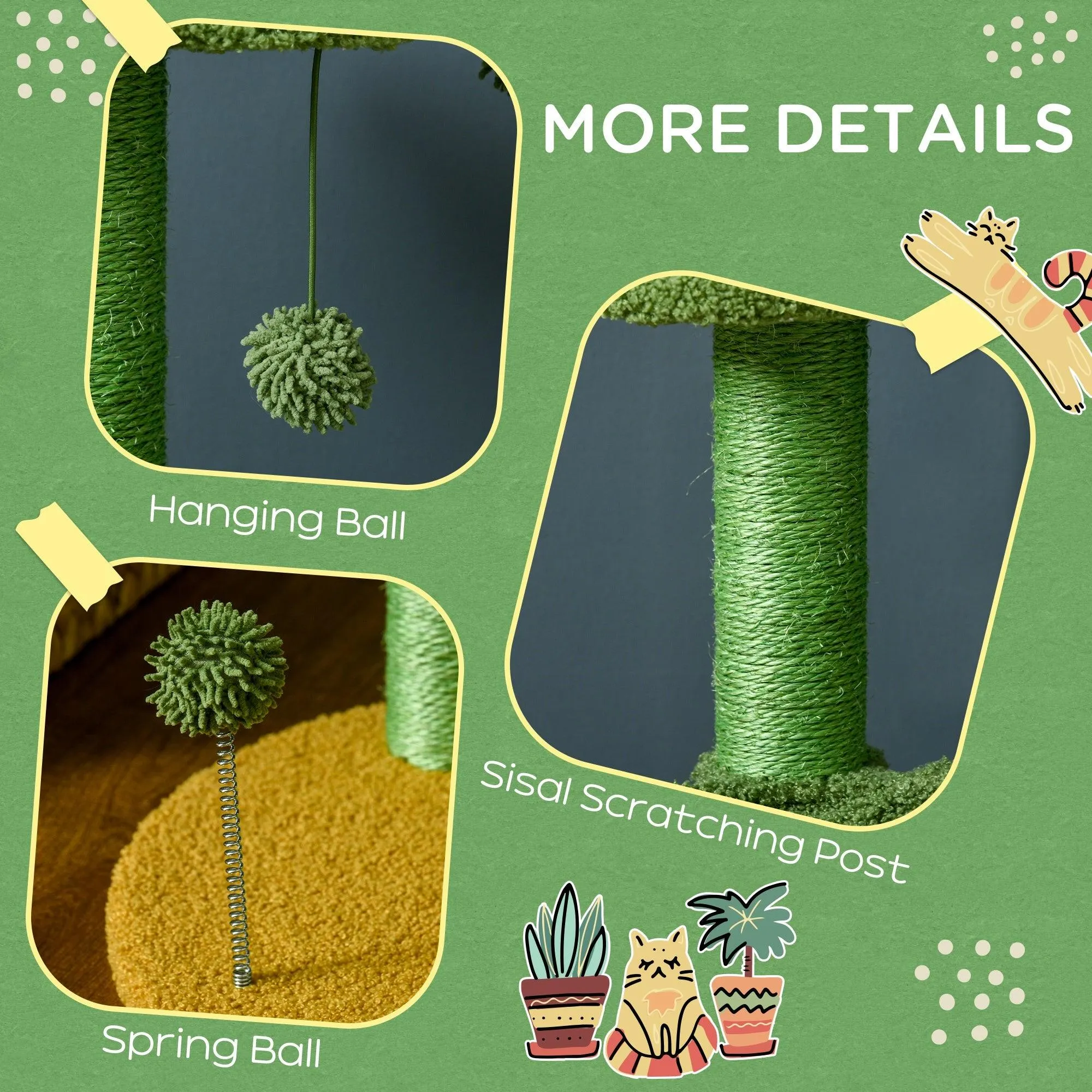 Cactus Cat Tree with Scratching Post, Hammock, 82cm - Green