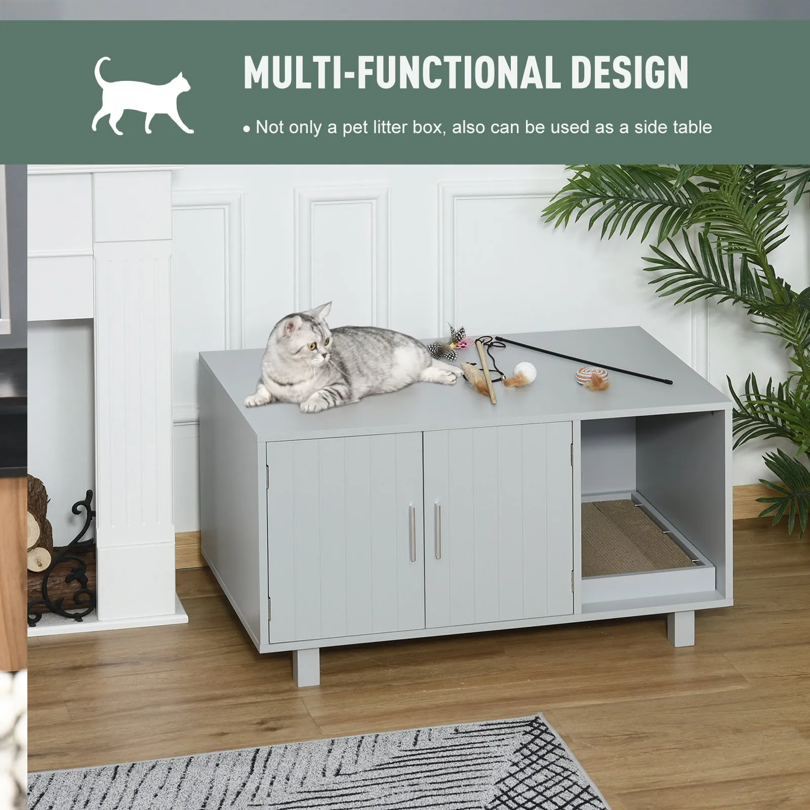 PawHut Cat Litter Box Enclosure & House w/ Nightstand/End Table Design, Grey