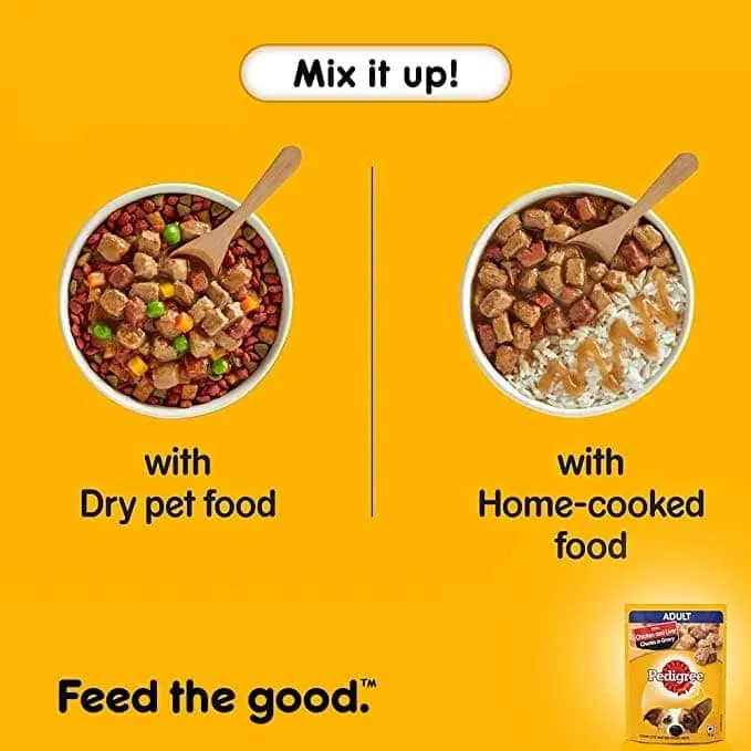 Pedigree Chicken & Rice Senior Dog Dry and Chicken and Liver Chunks in Gravy Adult Dog Wet Food Combo