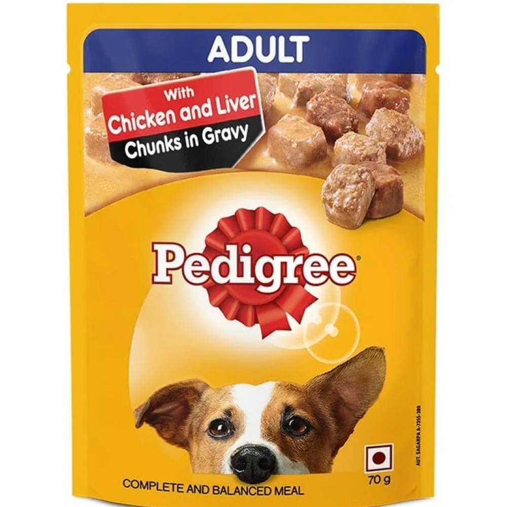 Pedigree Chicken & Rice Senior Dog Dry and Chicken and Liver Chunks in Gravy Adult Dog Wet Food Combo