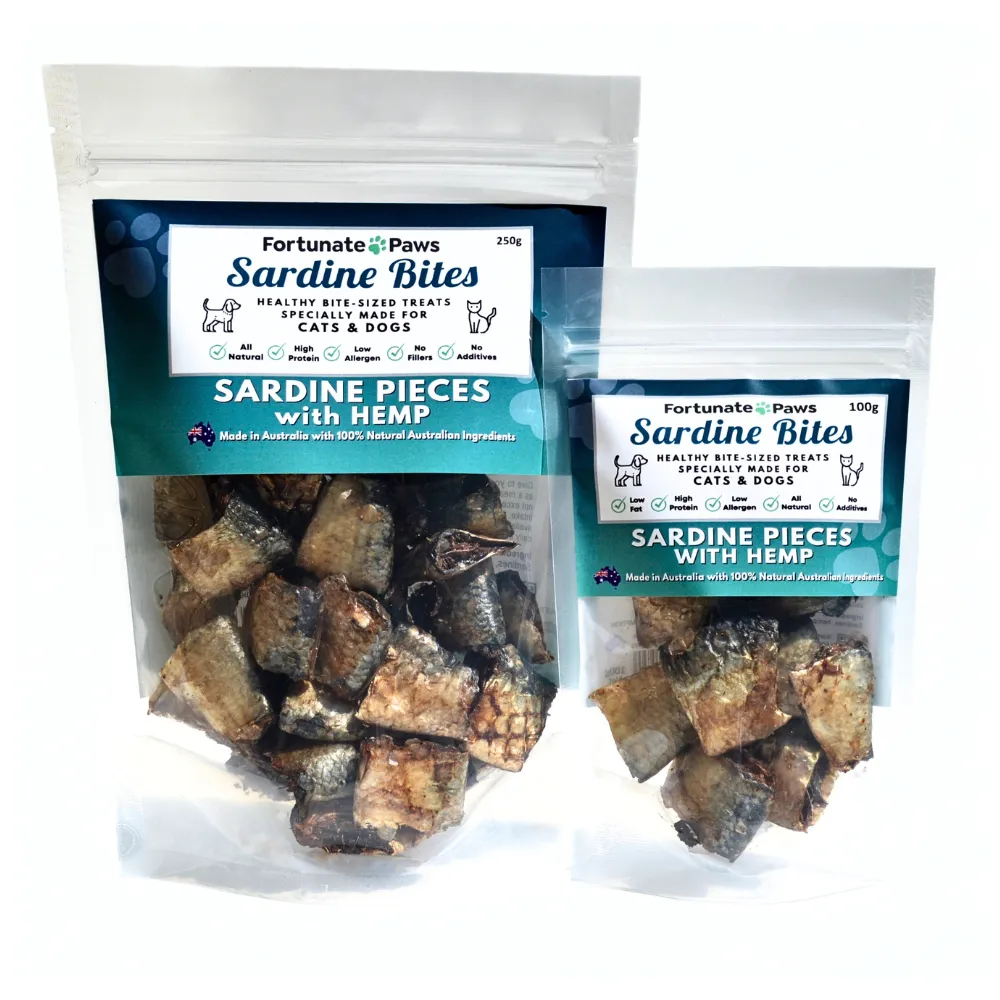 Sardine Bites with Hemp 100g or 250g | Natural Treats for Dogs & Cats