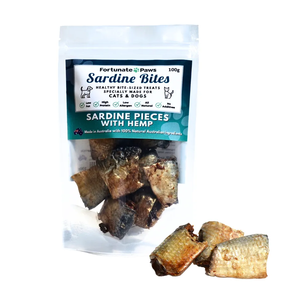 Sardine Bites with Hemp 100g or 250g | Natural Treats for Dogs & Cats
